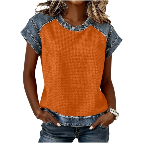 Rutainlusire Women's Round Neck Waffle Knit Faux Denim Patchwork Short Sleeve Tops Ladies Casual Loose Fit Stretchy Soft Breathable Fabric Raglan Sleeve Design Tops
