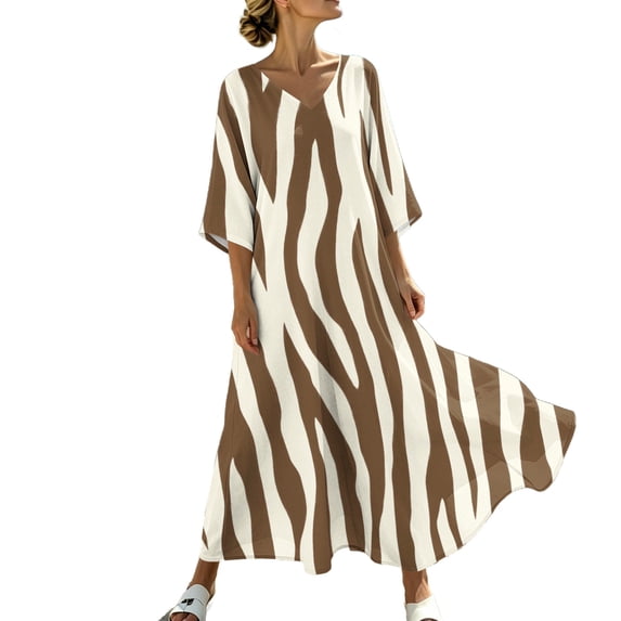 Rutainlusire Women's Summer Dresses Women's V-Neck Striped Print 3/4 Sleeve Maxi Dress Bohemian Flowy Casual Brown XXXL