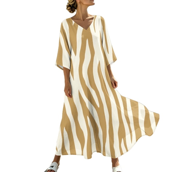 Rutainlusire Women's Summer Dresses Women's V-Neck Striped Print 3/4 Sleeve Maxi Dress Bohemian Flowy Casual Yellow XXXL