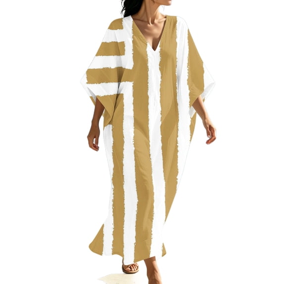 Rutainlusire Women's Summer Dresses Women's V-Neck Striped Print 3/4 Sleeve Maxi Dress With Side Slits Bohemian Flowy Yellow XXL