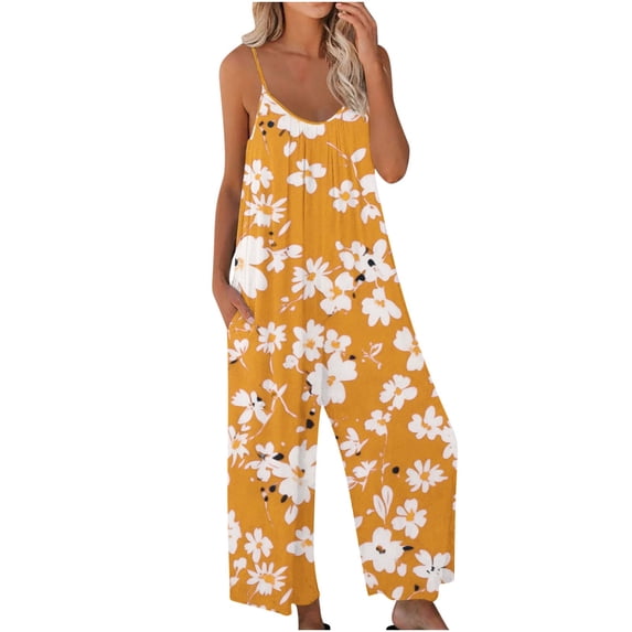 Rutainlusire Women's Summer Vacation Jumpsuits with Pockets Sleeveless Loose Fit Printed Spaghetti Strap Jumpsuits