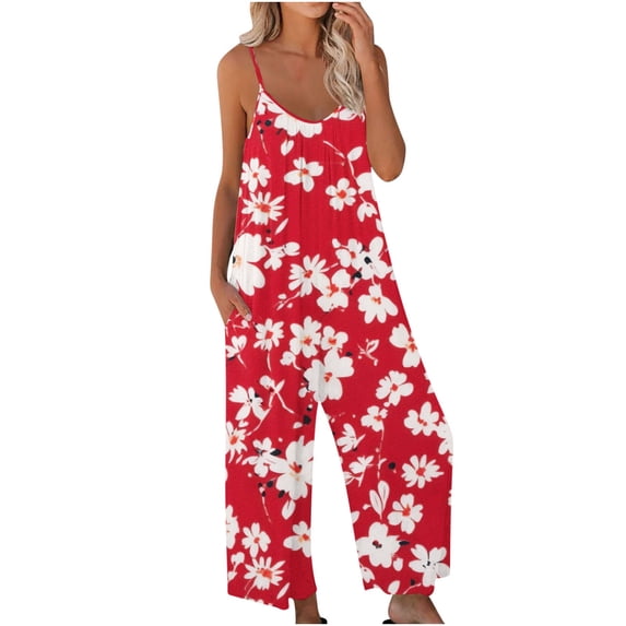 Rutainlusire Women's Summer Vacation Jumpsuits with Pockets Sleeveless Loose Fit Printed Spaghetti Strap Jumpsuits