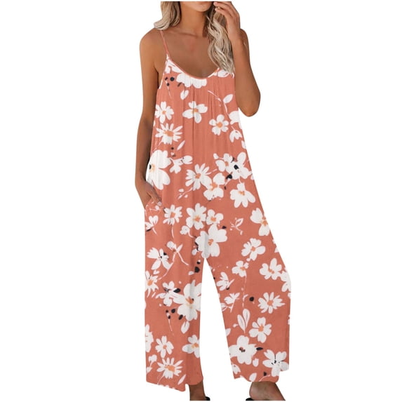 Rutainlusire Women's Summer Vacation Jumpsuits with Pockets Sleeveless Loose Fit Printed Spaghetti Strap Jumpsuits