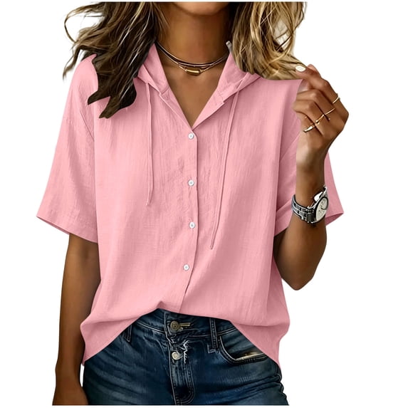 Rutainlusire Women's Tops Spring Summer Hooded Button Short Sleeve Solid Sun Protection Shirts Blouses Women’s Casual Solid Color Short Sleeve Collar Hoodie Blouses