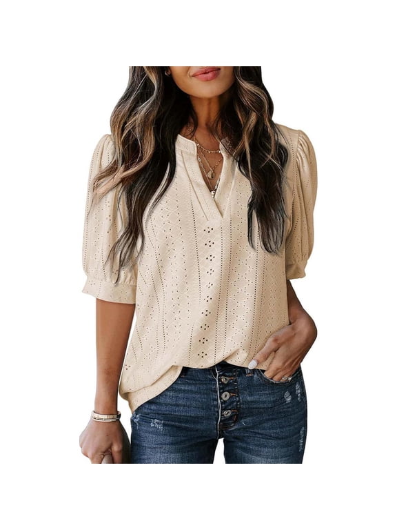 Women's Tops Spring Summer V Neck Eyelet Embroidery Puff Sleeve Shirts Blouses Women's Spring/Summer Solid Color Casual Top V-neck Short Sleeve Hollow Fashion Sleeve Thin Women's Top