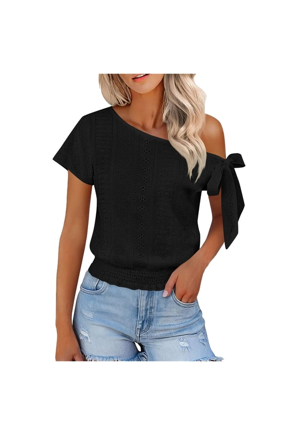 Women's Tops Trendy Asymmetrical Shoulder Cut Out Bow Detail Smocked Blouses Women's Solid One Shoulder Bandage Short Sleeve Semi Cutway Tops