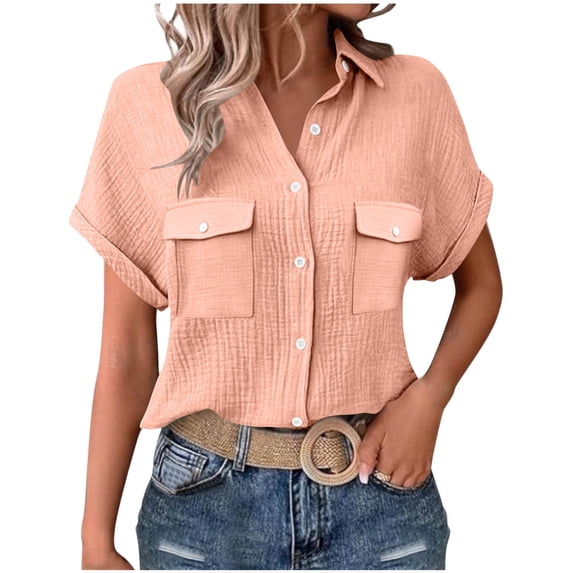 Rutainlusire Women's Tops Trendy Button Down Short Sleeve Crinkle Blouse Shirts Woman Fashion Solid Color Button Pocket Short Sleeve Turndown Collar Blouse Tops