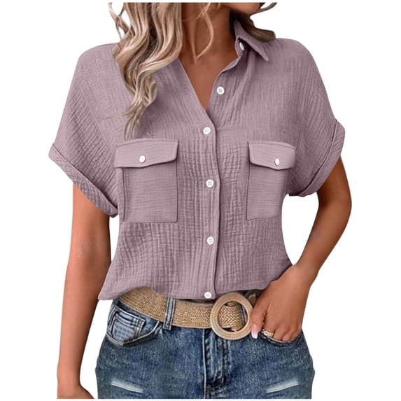 Rutainlusire Women's Tops Trendy Button Down Short Sleeve Crinkle Blouse Shirts Woman Fashion Solid Color Button Pocket Short Sleeve Turndown Collar Blouse Tops