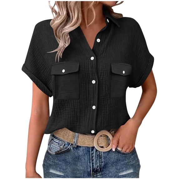 Rutainlusire Women's Tops Trendy Button Down Short Sleeve Crinkle Blouse Shirts Woman Fashion Solid Color Button Pocket Short Sleeve Turndown Collar Blouse Tops