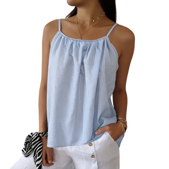 Rutainlusire Women's Tops Trendy Loose Fit Ruched Cami Tank Top Women's Fashionable Multi-color Camisole Linen Adjustable Sleeveless Top