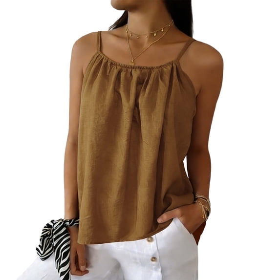 Rutainlusire Women's Tops Trendy Loose Fit Ruched Cami Tank Top Women's Fashionable Multi-color Camisole Linen Adjustable Sleeveless Top