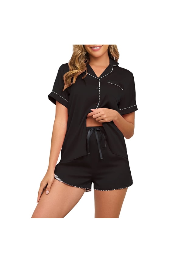 Women's Trendy Button Down Short Sleeve Sleepwear Set Pajama Set Women Casual Fashion Turndown Collar Short Sleeve Blouse Top Elastic Waist Drawstring Short Pants Pajamas Suit