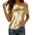 thumbnail image 1 of Rutainlusire Women's Trendy Casual Metallic One Shoulder Short Sleeve Tops Blouses Women's Fashion Multi-Color Sequin Ribbed Casual Short-Sleeve Off-Shoulder T-Shirt, 1 of 5