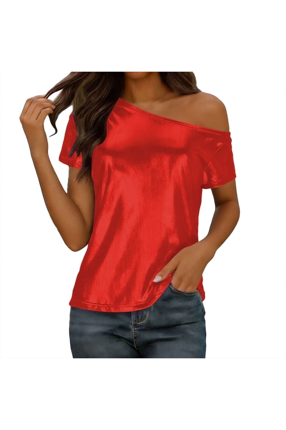 Women's Trendy Casual Metallic One Shoulder Short Sleeve Tops Blouses Women's Fashion Multi-Color Sequin Ribbed Casual Short-Sleeve Off-Shoulder T-Shirt