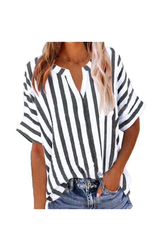 Women's Trendy Daily Striped Loose Comfy Blouse Tops Women's Fashion Short Sleeve V-Neck Casual Button Pocket Blouses Shirts