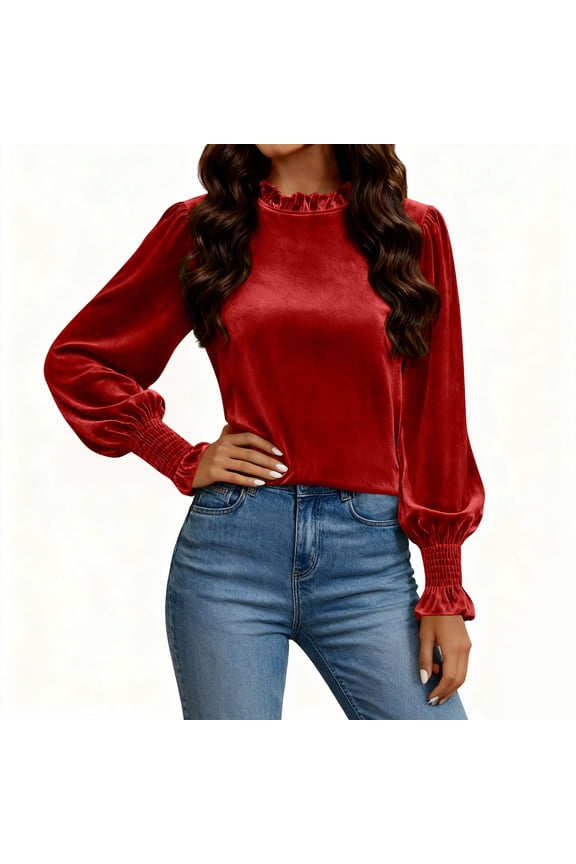 Women's Trendy Ruffled Neck Ruched Cuff Velvet Blouses Tops 2026 Women's Solid Color Long Sleeved Top Women's Casual Winter Fashion Round Neck Loose Gold Velvet Top
