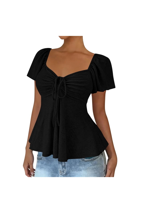 Women's Trendy Square Neck Tie Front Puff Sleeve Peplum Top Ladies' Fashionable Casual Solid Color V-neck Lace Up Short Sleeved Top
