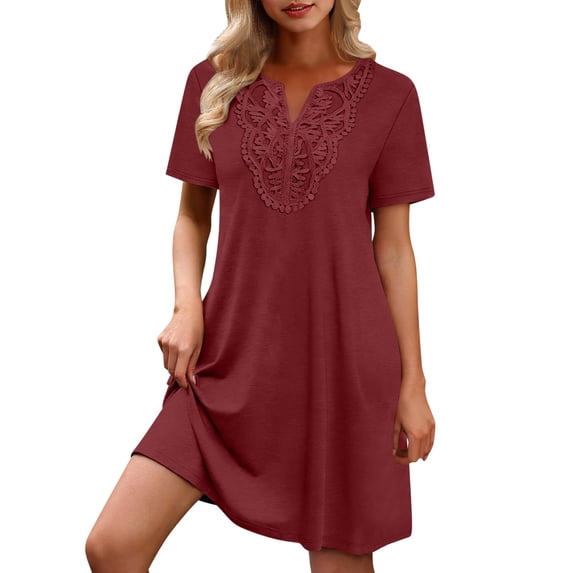 Rutainlusire Women's Trendy V Neck Lace Trim Short Sleeve Shift Dress Women's Solid Color Short Sleeved V-neck Lace Patchwork Dress
