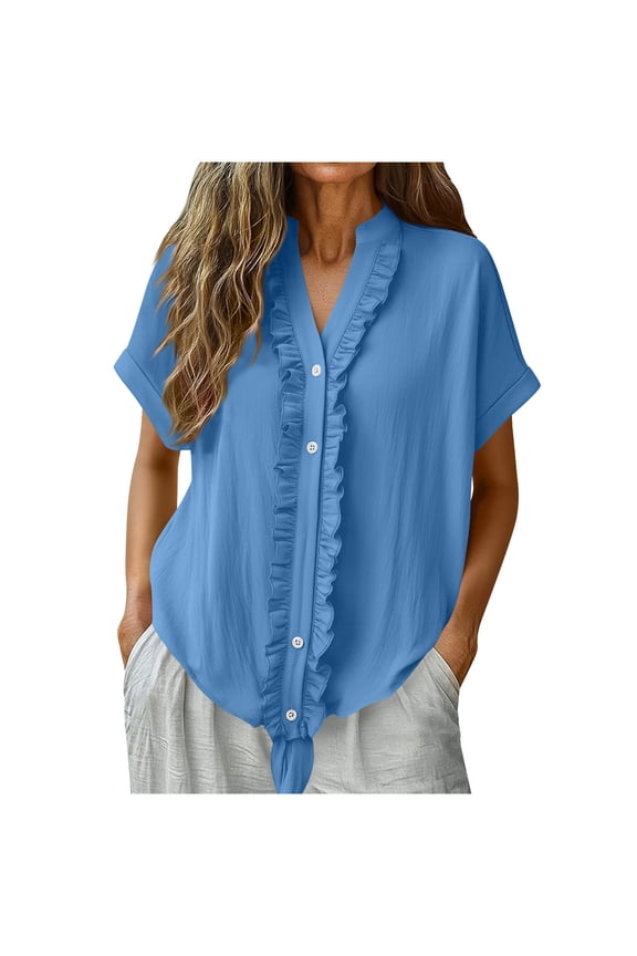Women's Trendy V-Neck Ruffled Button-Down Tie Front Short Sleeve Blouse Tops Women's Strap Button Lace V-neck Solid Color Short Sleeve Top