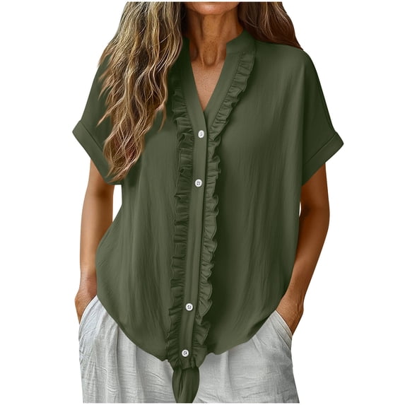 Rutainlusire Women's Trendy V-Neck Ruffled Button-Down Tie Front Short Sleeve Blouse Tops Women's Strap Button Lace V-neck Solid Color Short Sleeve Top