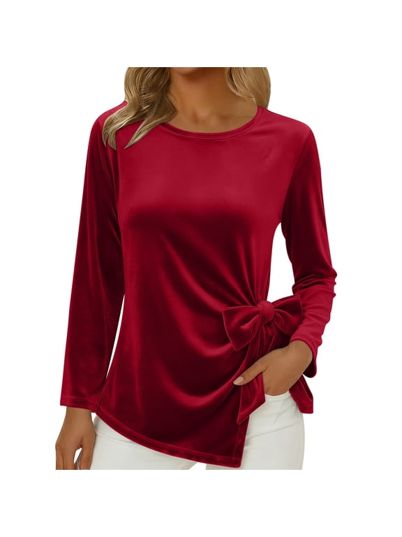 Rutainlusire Women's Trendy Velvet Bow Tie Blouses Tops Ladies' Fashionable Casual Solid Color Round Neck Long Sleeved Top/shirt