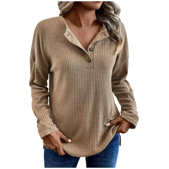 Rutainlusire Womens Blouses Casual Womens Loose Blouses Trendy Ladies' Fashionable Solid Color V-neck Loose And Comfortable Long Sleeved Top