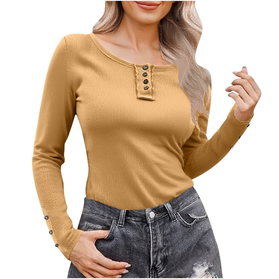 Rutainlusire Womens Blouses Casual Womens Loose Blouses Trendy Women's Casual Solid Long Sleeve Button Solid V Neck T-Shirt Tops