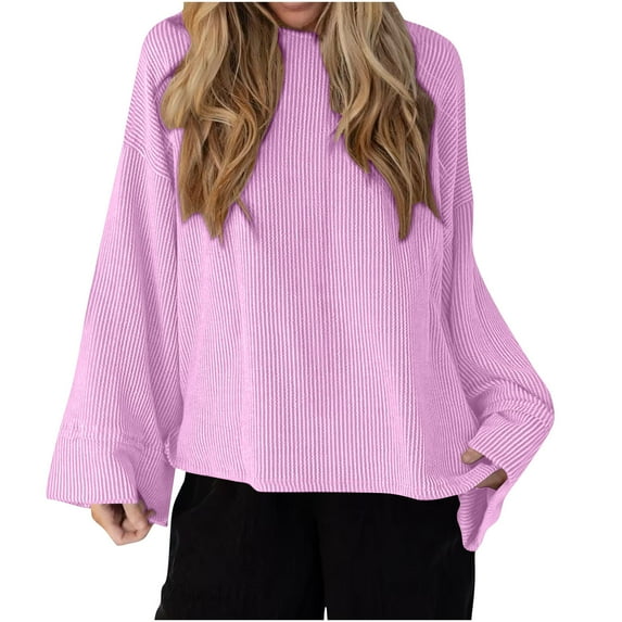 Rutainlusire Womens Blouses Casual Womens Loose Blouses Trendy Women's Long Sleeved Round Neck Solid Color Fashionable Striped Top