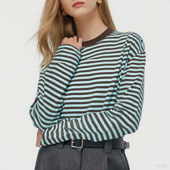 Rutainlusire Womens Blouses Casual Womens Striped Blouses Women's Fashionable Loose Casual Striped Color Blocking Round Neck Long Sleeved Top