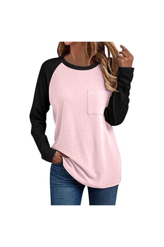 Womens Blouses Casual Womens Trendy Fall Blouses for Women Women's Long Sleeved Round Neck Solid Color Fashionable Pocket Shirt