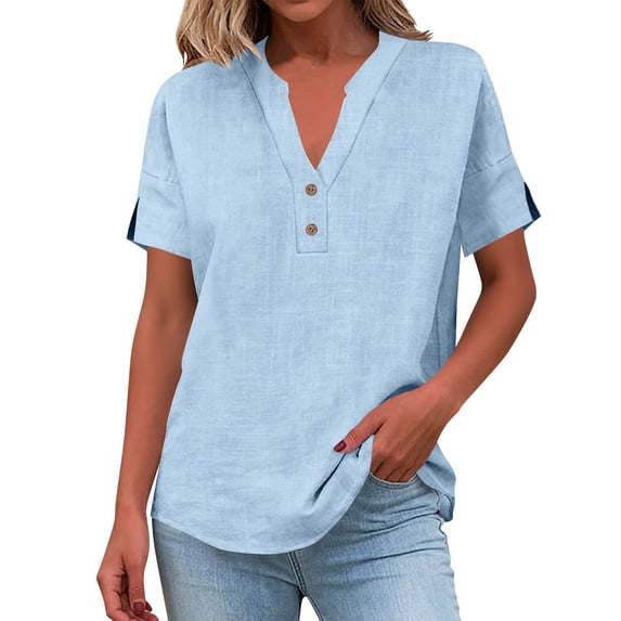 Rutainlusire Womens Button Notch V-Neck Tops Ladies Casual Solid Color Breathable Summer Tops