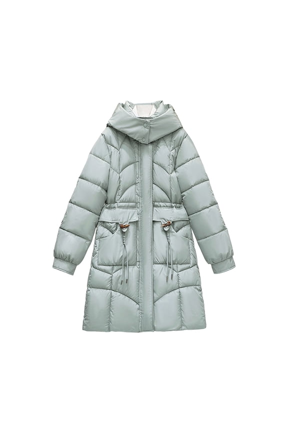 Womens Casual Fashion Warm Puffer Jackets Fall Winter Women's Casual Winter Mid-length Slim Horn Button Long-sleeved Waisted Jacket