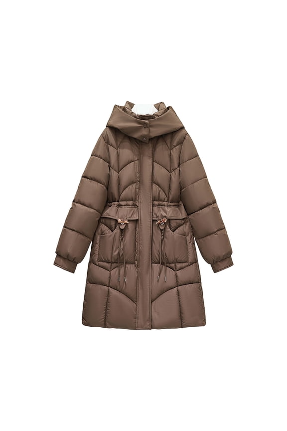Womens Casual Fashion Warm Puffer Jackets Fall Winter Women's Casual Winter Mid-length Slim Horn Button Long-sleeved Waisted Jacket