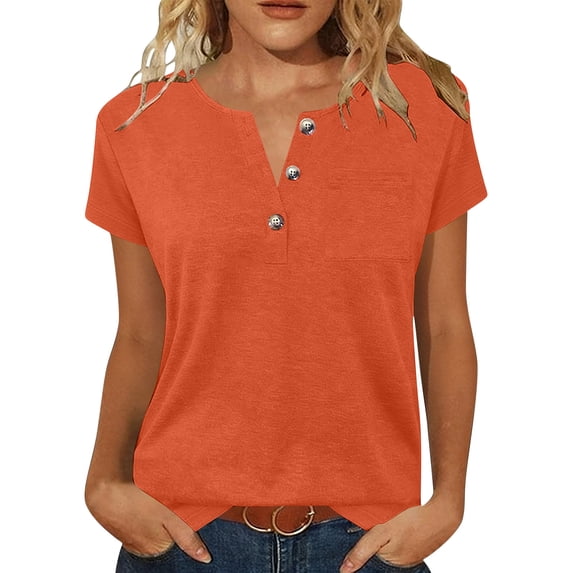 Rutainlusire Womens Casual Notch V-Neck Button Tops Ladies Breathable Relaxed Fit Plain Color Summer Short Sleeve Tops