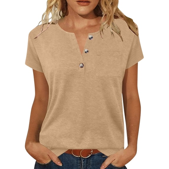 Rutainlusire Womens Casual Notch V-Neck Button Tops Ladies Breathable Relaxed Fit Plain Color Summer Short Sleeve Tops