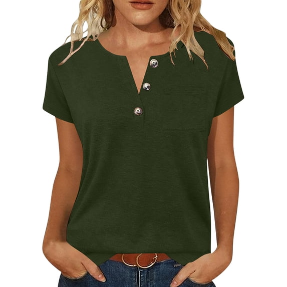 Rutainlusire Womens Casual Notch V-Neck Button Tops Ladies Breathable Relaxed Fit Plain Color Summer Short Sleeve Tops