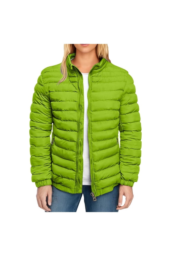 Womens Casual Soft Warm Puffer Jackets 2025 Women's Solid Color Double Pocket Zipper Stand Up Collar Long Sleeved Casual Fashion Parkas