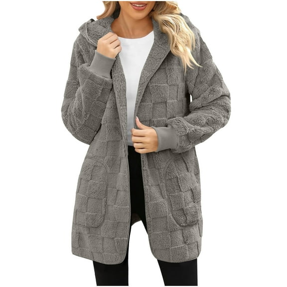 Rutainlusire Womens Casual Warm Fleece Plaid Comfy Jackets Women's Long-sleeved Hooded Plaid Fleece Pocket Casual Jacket