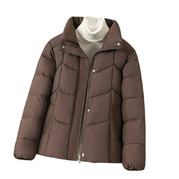 Rutainlusire Womens Casual Warm Puffer Jackets Winter Quilted Jackets Women's Solid Color Long-sleeved Hoodless Zipper Warm Jacket