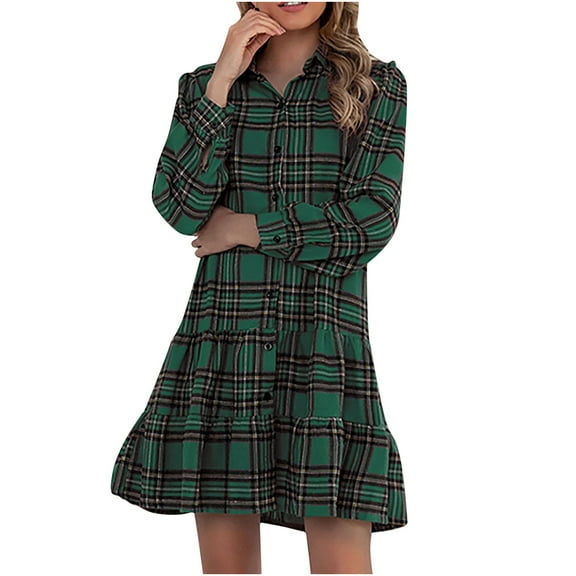 Rutainlusire Womens Dresses Clothes,Ladies Fashion Plaid Single Breasted Pocket Long Sleeve Shirt Jacket Dress