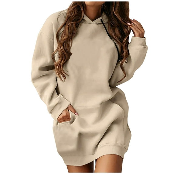 Rutainlusire Womens Dresses Clearance Clothes,Women's Casual Long-sleeve Pocket Pullover Hoodie Dress Waist Sweatshirt Solid Dress