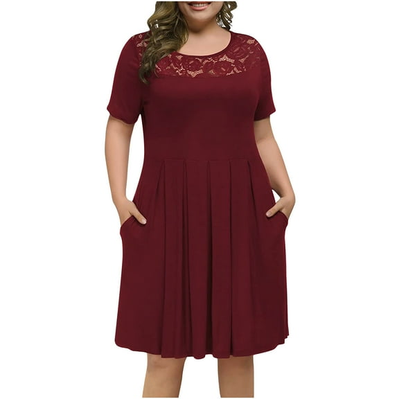 Rutainlusire Womens Dresses Plus Size Women Summer Round-Neck Solid Casual Lace Short Sleeve Dress