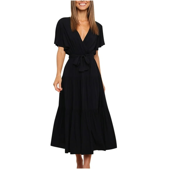 Rutainlusire Womens Dresses Women Solid Short Sleeve Loose Ruffles Lacing Dress