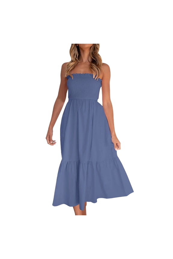 Womens Dresses Women Summer Bohemian Solid Color Casual Strapless Party Long Maxi Dress