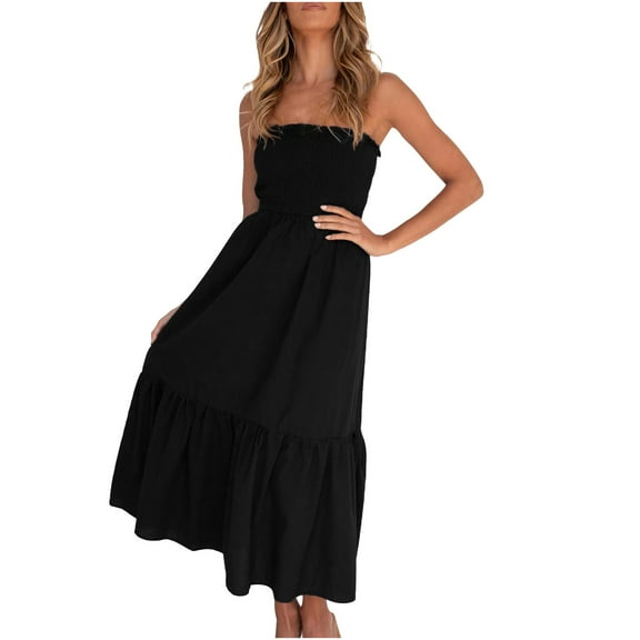 Rutainlusire Womens Dresses Women Summer Bohemian Solid Color Casual Strapless Party Long Maxi Dress