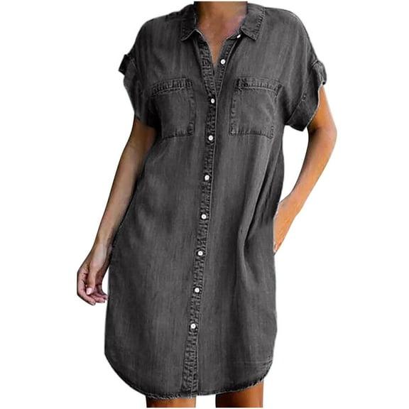 Rutainlusire Womens Dresses Women's Dress Short Sleeve Slim Solid Color Loose Thin Denim Dress