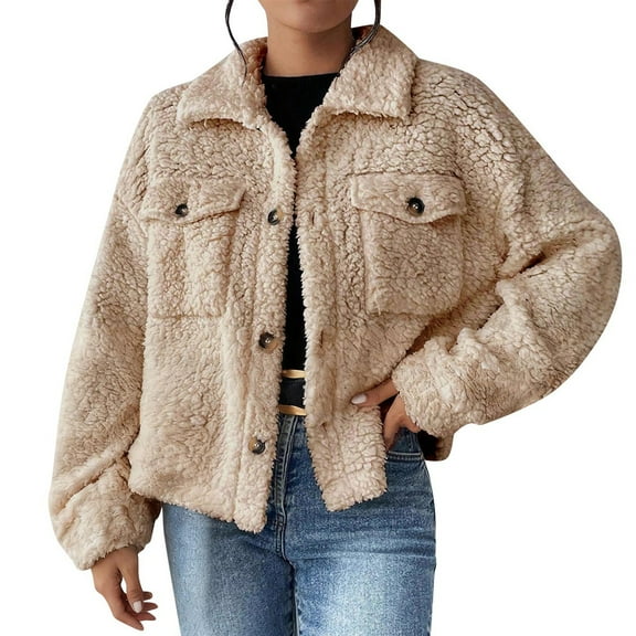 Rutainlusire Womens Fashion Casual Fleece Comfy Jackets Women Solid Color Long Sleeve Lapel Fuzzy Coats With Pockets Sweaters Jackets
