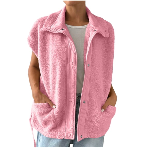 Rutainlusire Womens Fashion Casual Fleece Vest Jackets Women Pocket Coat Short Jacket Winter Sleeveless Fleece Button Solid Outerwear