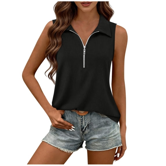 Rutainlusire Womens Fashion Casual Lapel Half Zip Sleeveless Tank Tops Women Solid Color Lapel No Sleeves Summer Loose Hanger Camisole Tank