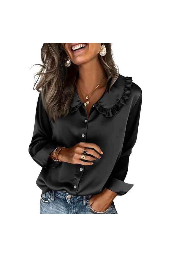 Womens Fashion Casual Ruffled Peter Pan Collar Shirts Blouses Tops Women Satin Blouses For Women Button Down Shirts Long Sleeve Business Casual Tops